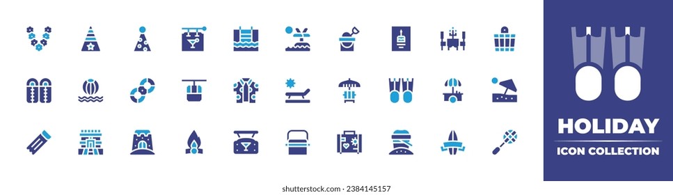 Holiday icon collection. Duotone color. Vector and transparent illustration. Containing necklace, island, sleeping bag, sunbathing, inflatable, portable fridge, swimming pool, sauna, shirt, beach.