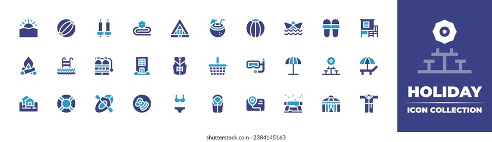Holiday icon collection. Duotone color. Vector and transparent illustration. Containing sun, coconut drink, fire, picnic basket, cabin, sleeping bag, tent, shack, life jacket, beach, bikini, bathrobe.
