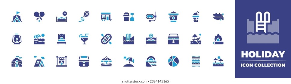 Holiday icon collection. Duotone color. Vector and transparent illustration. Containing paddle, diving mask, beach, hotel bed, tent, caravan, trailer, rafting, bonfire, beach sunset, camping, bucket.