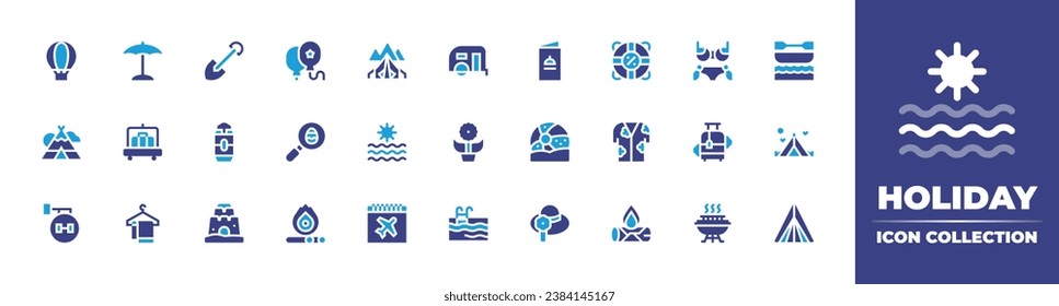 Holiday icon collection. Duotone color. Vector and transparent illustration. Containing sun umbrella, menu, luggage cart, beach ball, towel, pamela, camping, canoe, sea, tent, calendar.