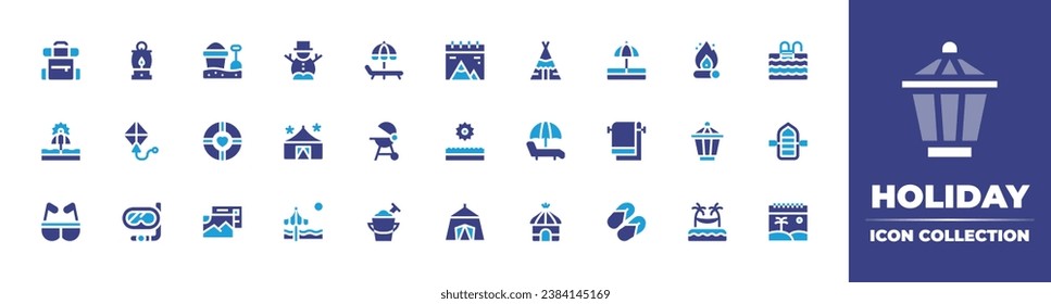 Holiday icon collection. Duotone color. Vector and transparent illustration. Containing snowman, bonfire, tent, lantern, beach, hammock, sunbed, pool, bbq, lifeboat, sand bucket, calendar, backpack.