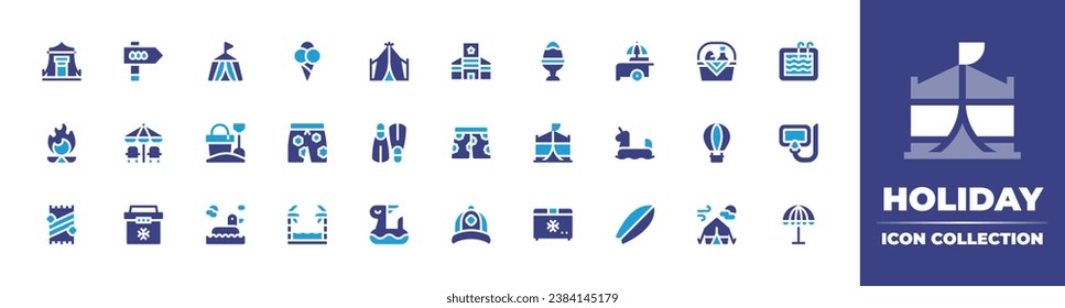 Holiday icon collection. Duotone color. Vector and transparent illustration. Containing ice cream cone, basket, pants, hot air balloon, ocean, camp, tent, swimming pool, flippers, snorkeling, rubber.