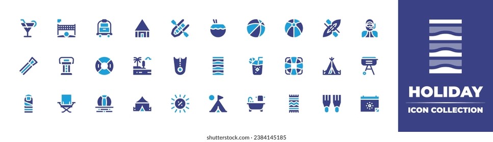 Holiday icon collection. Duotone color. Vector and transparent illustration. Containing house, canoeing, palm tree, tent, camping tent, flippers, lifeboat, diving, barbecue, summer sale, calendar.