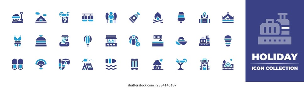 Holiday icon collection. Duotone color. Vector and transparent illustration. Containing cable car, baggage, hot air balloon, conveyor belt, tent, backpack, forest, camping tent, bar, boat, camping.