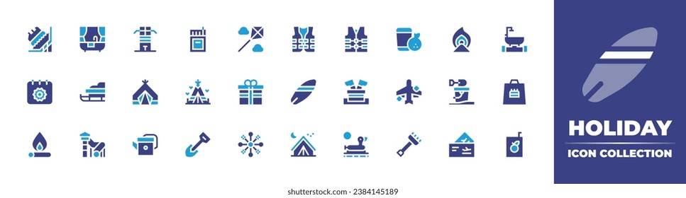 Holiday icon collection. Duotone color. Vector and transparent illustration. Containing matches, bonfire, shovel, plane tickets, date, surfboard, bathtub, life vest, gift, gift bag, amusement park.