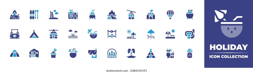 Holiday icon collection. Duotone color. Vector and transparent illustration. Containing luggage, hot air balloon, sunset, sunbathing, coconut drink, cocktail, incense, gold pot, snorkel, goggles.