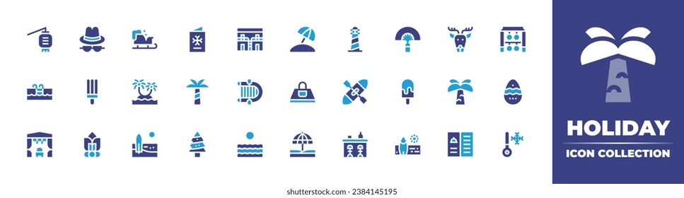 Holiday icon collection. Duotone color. Vector and transparent illustration. Containing chinese lantern, beach, inflatable boat, easter egg, sea, cold, card, reindeer, ice cream, kayak, hat.