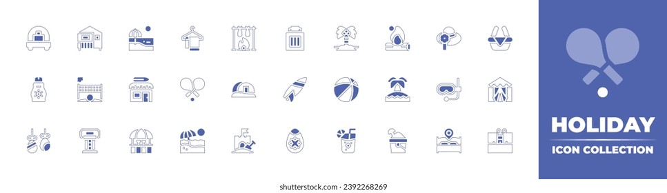 Holiday icon collection. Duotone style line stroke and bold. Vector illustration. Containing holiday, sun cream, surfboard, decoration, easter egg, towel, pamela, paddle, diving mask, beach, hotel bed