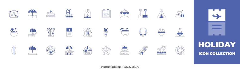 Holiday icon collection. Duotone style line stroke and bold. Vector illustration. Containing travel bag, holidays, beach, sun umbrella, cocktail drink, ice cream, beach umbrella, coconut, surfboard.