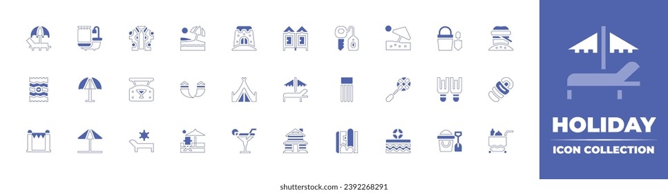 Holiday icon collection. Duotone style line stroke and bold. Vector illustration. Containing bathtub, room key, shirt, beach umbrella, umbrella, float, bar, racket, sun umbrella, magazine, sun, swim.
