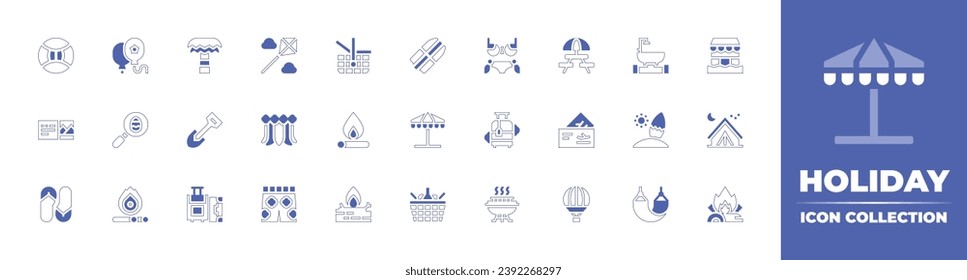 Holiday icon collection. Duotone style line stroke and bold. Vector illustration. Containing palm tree, picnic, shovel, plane tickets, luggage, hot air balloon, kite, pipe, hawaiian skirt, surfing.