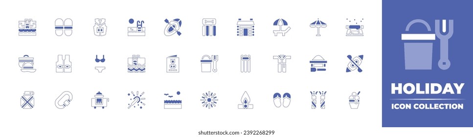 Holiday icon collection. Duotone style line stroke and bold. Vector illustration. Containing slippers, cabin, life jacket, beach, floating, bikini, bathrobe, carabiner, fire, room service, flip flops.