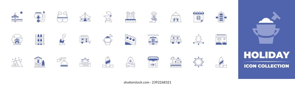 Holiday icon collection. Duotone style line stroke and bold. Vector illustration. Containing tent, bonfire, saint patricks day, caravan, campfire, beach sunset, sun, beach, hammock, snowball.