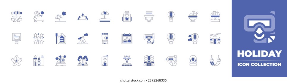 Holiday icon collection. Duotone style line stroke and bold. Vector illustration. Containing picnic table, backpack, hotel, nature, starfish, palm, beach, hot air balloon, mountain, ice cream, boat.