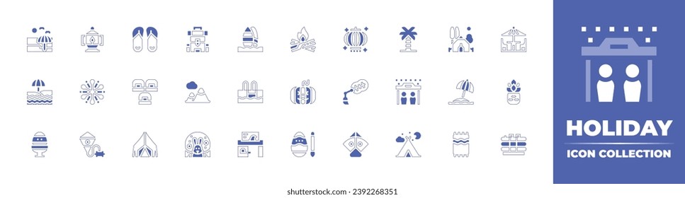 Holiday icon collection. Duotone style line stroke and bold. Vector illustration. Containing beach, bonfire, jack o lantern, easter egg, painting egg, flip flops, palm tree, backpack, camping.