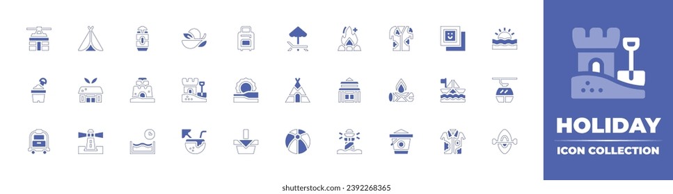 Holiday icon collection. Duotone style line stroke and bold. Vector illustration. Containing travel, sunrise, sun, cable car, picnic basket, kayak, tent, campfire, eco hotel, ryokan, lighthouse, cable