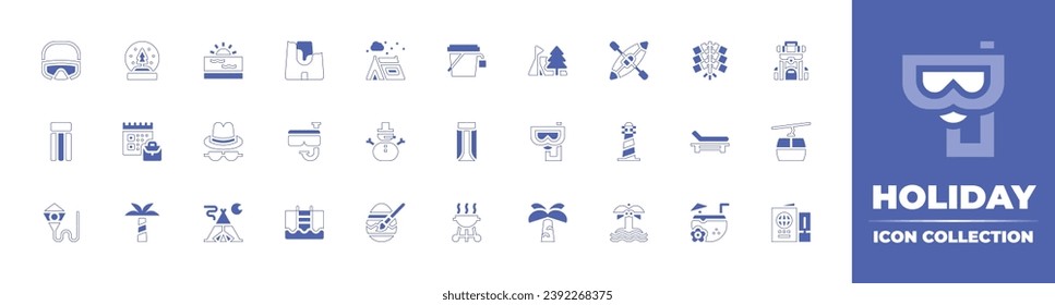 Holiday icon collection. Duotone style line stroke and bold. Vector illustration. Containing tent, backpack, snowman, cable car, easter egg, passport, snowball, camping, sunset, canoe, suitcase.