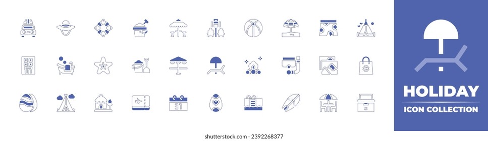 Holiday icon collection. Duotone style line stroke and bold. Vector illustration. Containing holidays, building, sunbed, easter egg, sand bucket, short, picture, plane tickets, terrace, lifesaver, sun