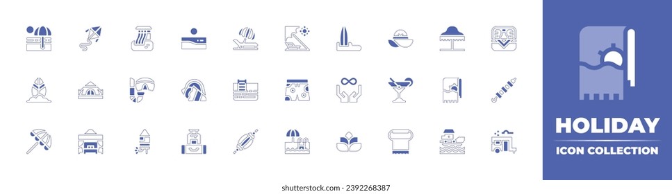 Colección de iconos de vacaciones. Curso de línea de estilo duotónico y negrita. Ilustración vectorial. Consta de sombrilla, playa, cometa, tabla de surf, pantalones cortos, tienda, todo incluido, paraguas, piscina, cabaña de playa.