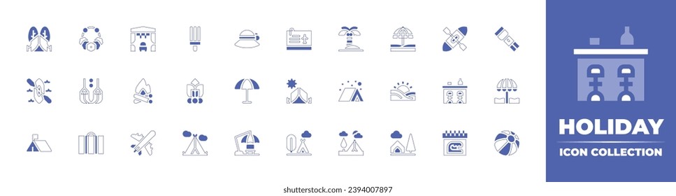 Holiday icon collection. Duotone style line stroke and bold. Vector illustration. Containing tent, airplane ticket, flower necklace, palm tree, kayak, camp, hammock, camping, baggage, ice cream.