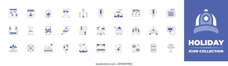 Holiday icon collection. Duotone style line stroke and bold. Vector illustration. Containing camping, canoe, island, hot air balloon, firework, bonfire, ice cream, beach towel, pants, ocean, camp.