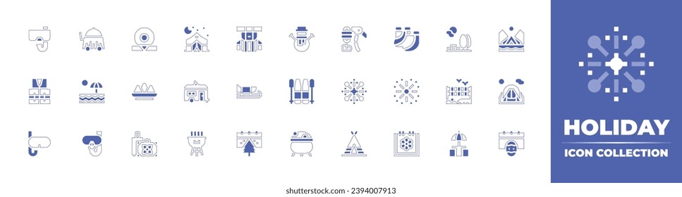 Holiday icon collection. Duotone style line stroke and bold. Vector illustration. Containing room service, ice axe, sunbed, fireworks, snorkel, tipi, snowman, life jacket, ski, diving mask, gold pot.