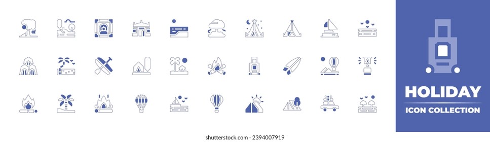 Colección de iconos de vacaciones. Curso de línea de estilo duotónico y negrita. Ilustración vectorial. Con carpa, barco de vela, playa, mar, acampada, globo aerostático, gas, coche, velero, árbol, jungla, carpa de campamento