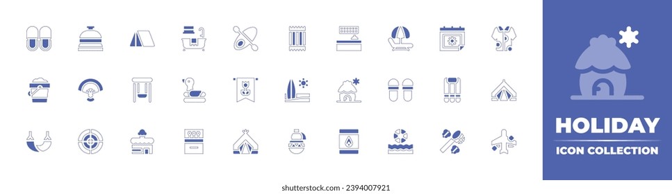 Holiday icon collection. Duotone style line stroke and bold. Vector illustration. Containing reception, front desk, tent, hammock, fan, cabin, swings, slippers, dartboard, matchbox, shop, beach ball.