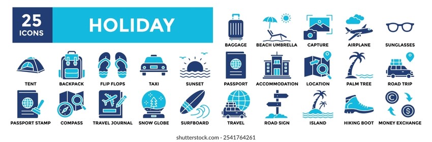 Holiday icon collection set. Containing design vacation, summer, travel, happy	