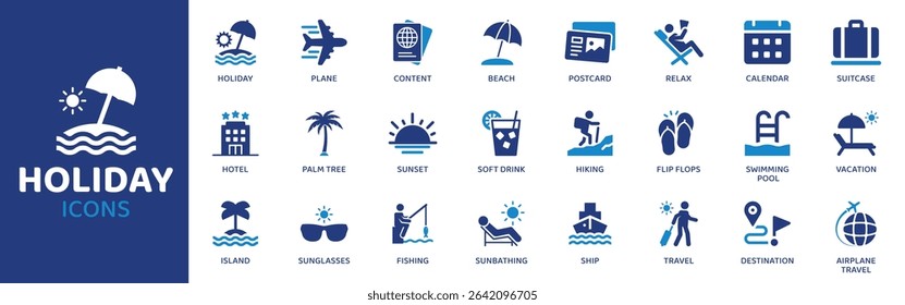 Holiday - Icon Collection. Thin Line Set contains such Icons as Holiday, Vacation, Travel, Beach, Resort, Hotel, Flight and more. Simple web icons set.