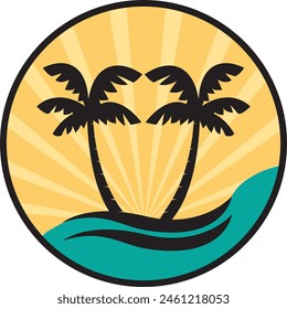 Holiday icon. Palm trees silhouettes on a island with ocean waves and sunset. Vector hand drawn illustration. Flat design.