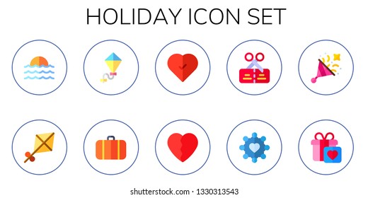 holiday icon set. 10 flat holiday icons.  Collection Of - sea, kite, baggage, heart, broken heart, voucher, confetti, gift