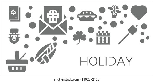 holiday icon set. 11 filled holiday icons.  Collection Of - Deck, Gift, Leprechaun, Clover, Picnic, Calendar, Cake, Surfboard, Hot air balloon, Marshmallow, Heart