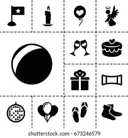Holiday icon. set of 13 filled holidayicons such as flip flops, socks, heart baloons, angel, clink glasses, heart lock, gift, disco ball, panorama mode, flag, balloon, candle