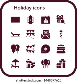 holiday icon set. 16 filled holiday icons.  Simple modern icons about  - Gift card, Lantern, Birthday, Gift, Beach, Garland, Invitation, Fireworks, Balloons, Winter, Cake, Sunbed