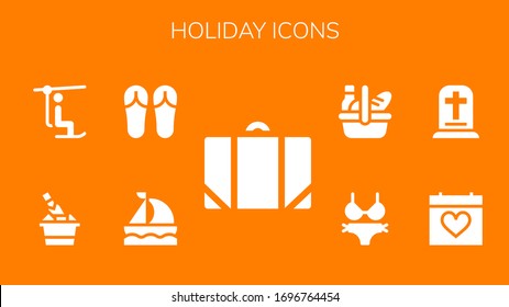 holiday icon set. 9 filled holiday icons.  Simple modern icons such as: Baggage, Sailboat, Sandals, Champagne, Chairlift, Calendar, Gravestone, Bikini, Picnic