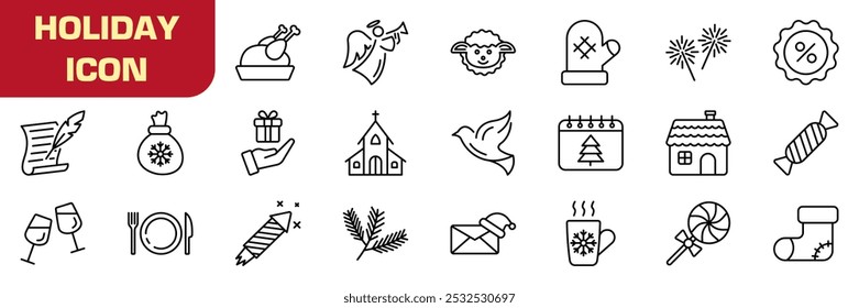 Holiday icon set. Christmas decoration. Linear style.