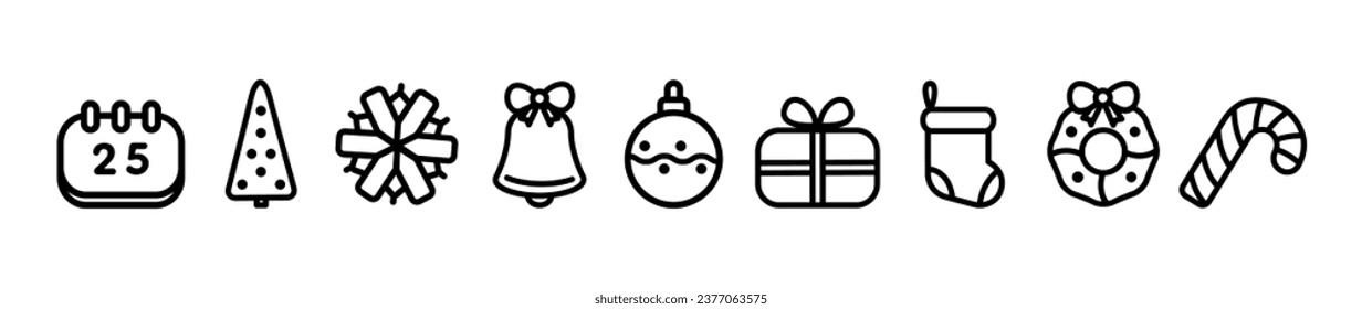 Conjunto de iconos de vacaciones. Árbol de Navidad, caja gif, campana, vela, regalo, sombrero, copo de nieve, corona decorativa, bastón de caramelo, calcetín de Navidad, calendario, juguete de Navidad, nieve de vidrio, nieve de vidrio Navidad.