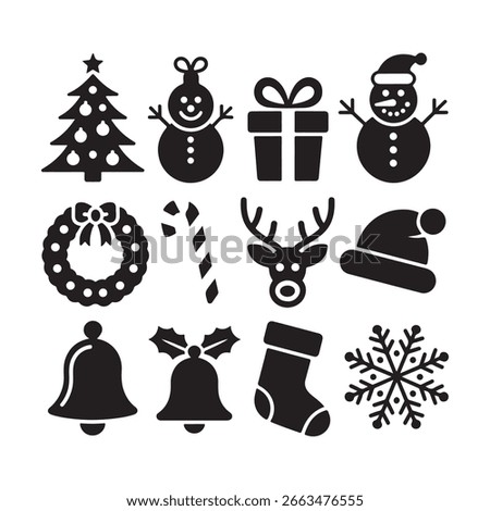 Holiday Icon Set with Christmas Tree Snowman Gift Wreath Candy Cane Reindeer Stocking and Snowflake.eps
