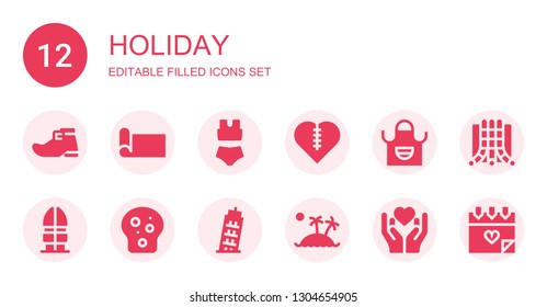 holiday icon set. Collection of 12 filled holiday icons included Leprechaun shoe, Yoga mat, Bikini, Heart, Apron, Korea, Toast, Pisa, Island, Slide, Love