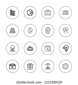 Holiday icon set. collection of 16 outline holiday icons with balloons, beach ball, birthday cake, calendar, clown, cake, coffin, gift, hot air balloon, fireworks icons.