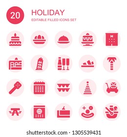 holiday icon set. Collection of 20 filled holiday icons included Cake, Eggs, Room service, Hotel, Pisa, Champagne, Sandals, Palm tree, Slotted spoon, Calendar, Garland, Party hat