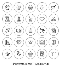 Holiday icon set. collection of 25 outline holiday icons with balloons, birthday invitation, champagne, candy, cake, calendar, costume, cupcake icons. editable icons.
