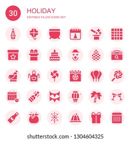 holiday icon set. Collection of 30 filled holiday icons included Lantern, Clover, Cauldron, Birthday, Magic, Cake, Clown, Palm, Ice bucket, Apron, Pinwheel, Calendar, Balloons