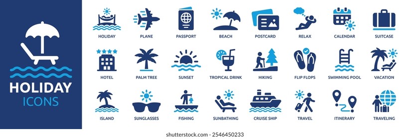 Holiday icon set. Containing vacation, plane, passport, hotel, palm tree, travel, beach, sunset, island and more. Solid vector icons collection.