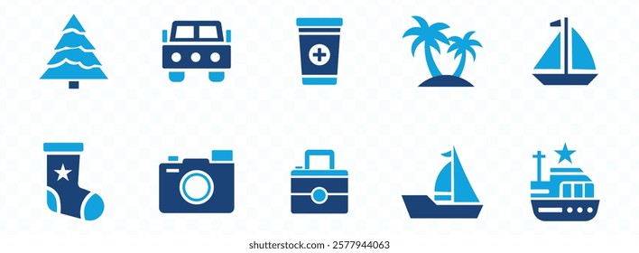 Holiday icon set. Containing vacation, plane, passport, hotel, palm tree, travel, beach, sunset, island and more. Solid vector icons collection.