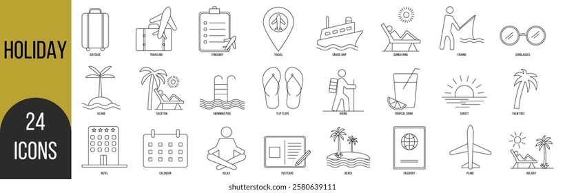  Holiday icon set. Containing vacation, plane, passport, hotel, palm tree, travel, beach, sunset and more.