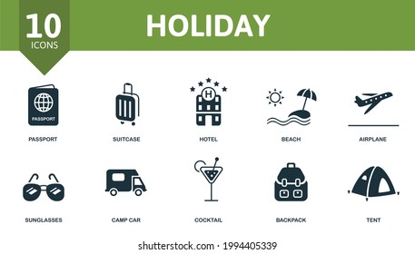Holiday icon set. Contains editable icons vacation theme such as passport, hotel, airplane and more.