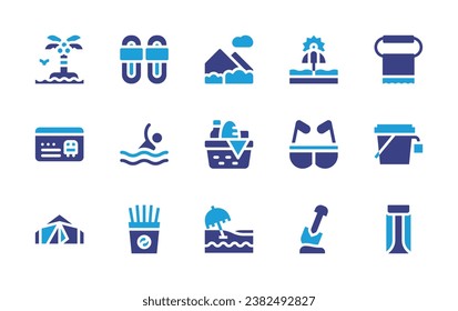 Holiday icon set. Duotone color. Vector illustration. Containing island, member card, tent, beach, mountains, food basket, towel, bucket, floating bed, sandals, swimming, fortune telling, parasol.