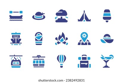Holiday icon set. Duotone color. Vector illustration. Containing boat, ship, cable car, tree, campfire, hot air balloon, popsicle, pamela hat, cocktail, camping, placeholder, backpack, sleeping bag.